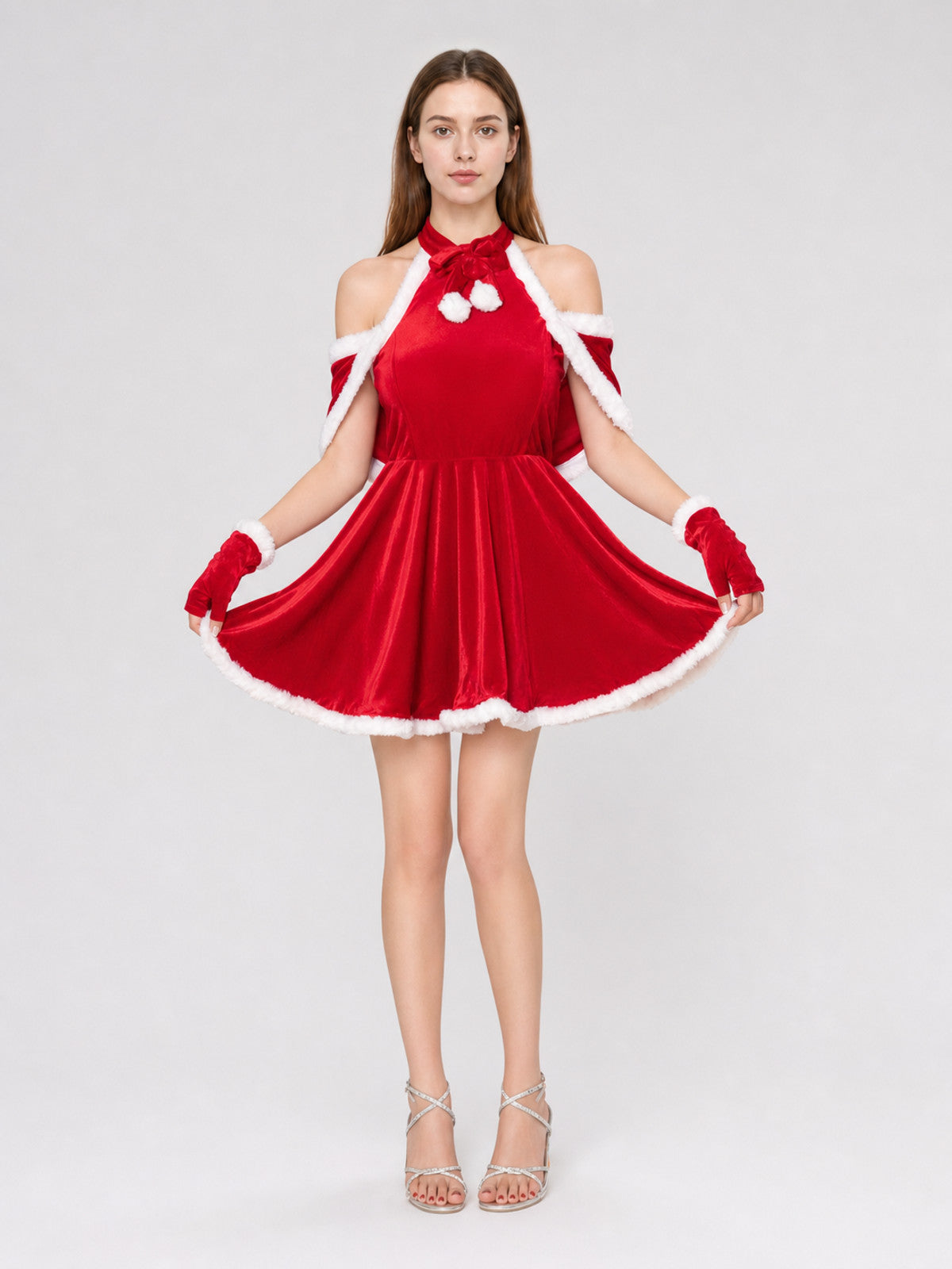 New Year's costume: red dress with cape and bow on-model view