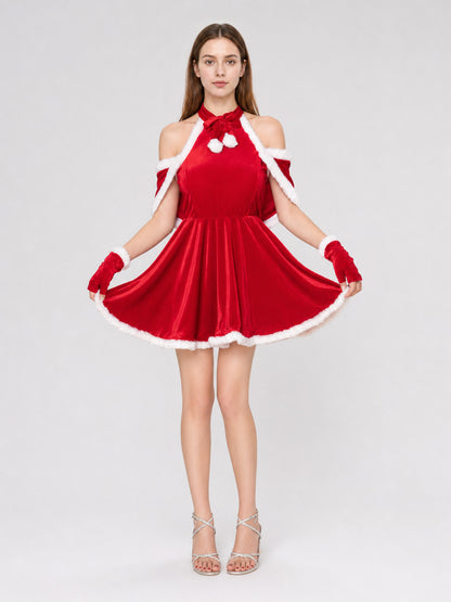 New Year's costume: red dress with cape and bow on-model view