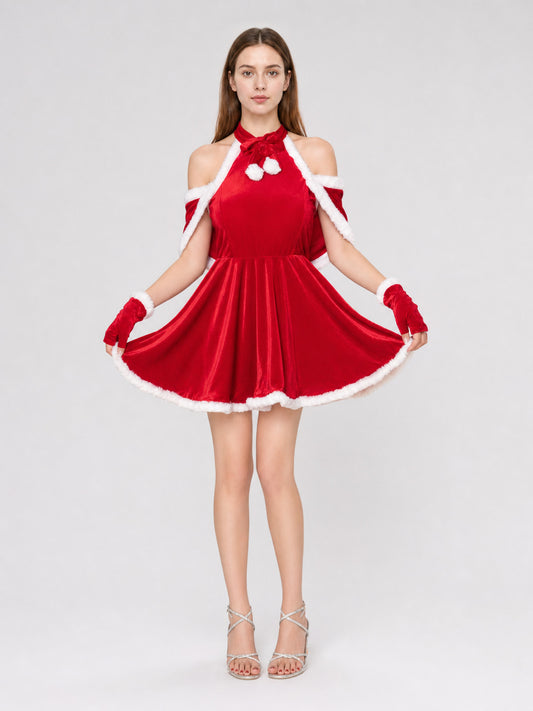 New Year's costume: red dress with cape and bow on-model view
