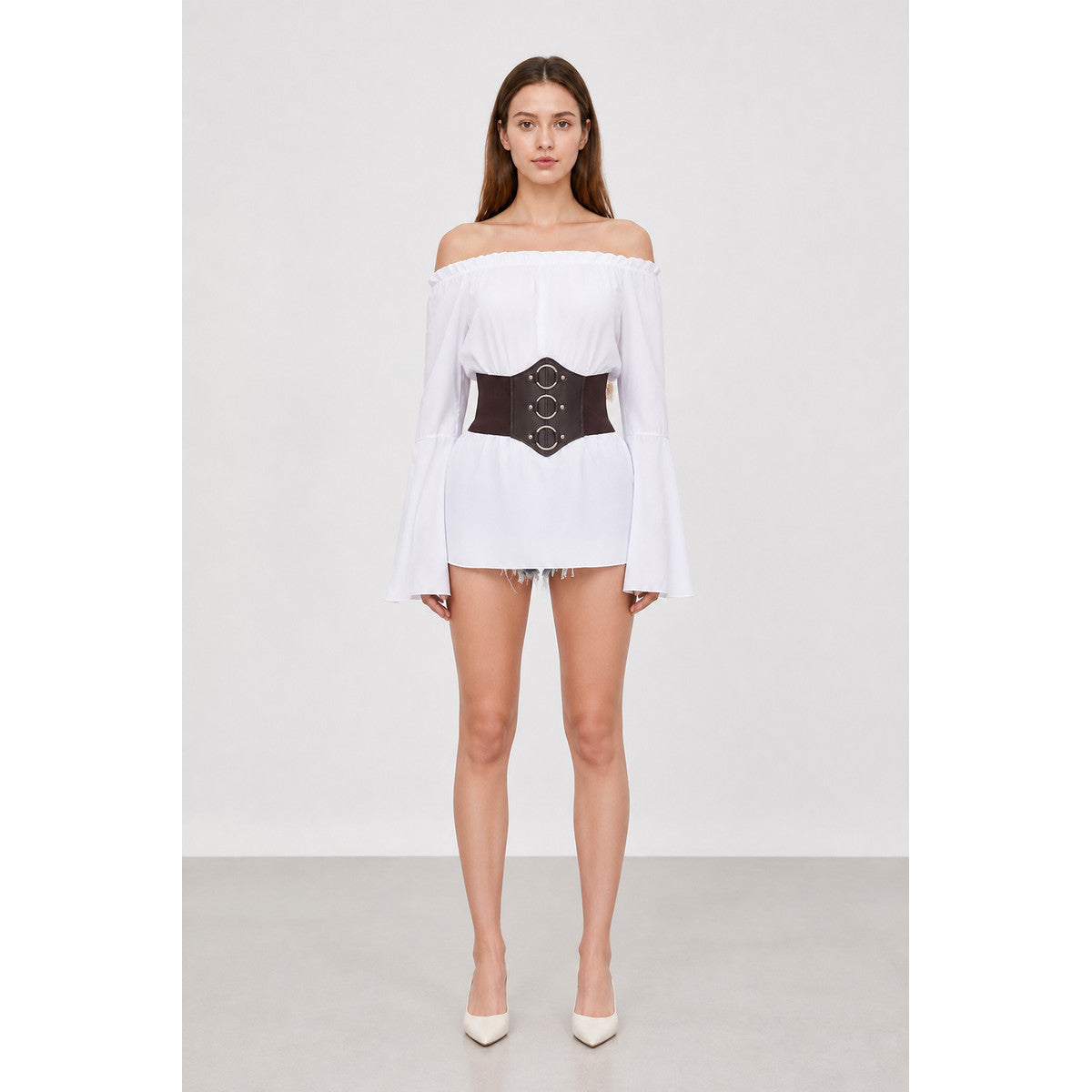 White Blouse with Flared Sleeves and Corset Belt