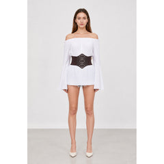 White Blouse with Flared Sleeves and Corset Belt