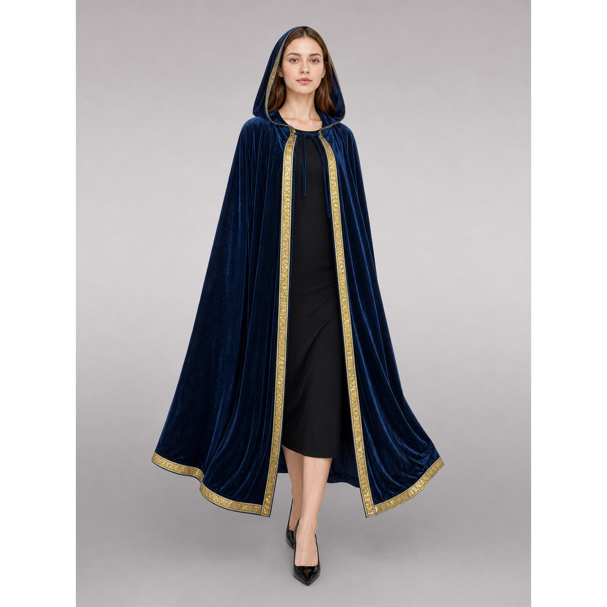 Dark Blue Hooded Carnival Cloak front view