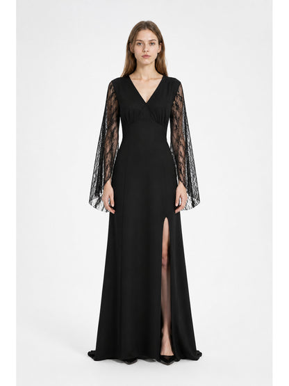 Black Dress with a V-Neck and Lace Sleeves main product view