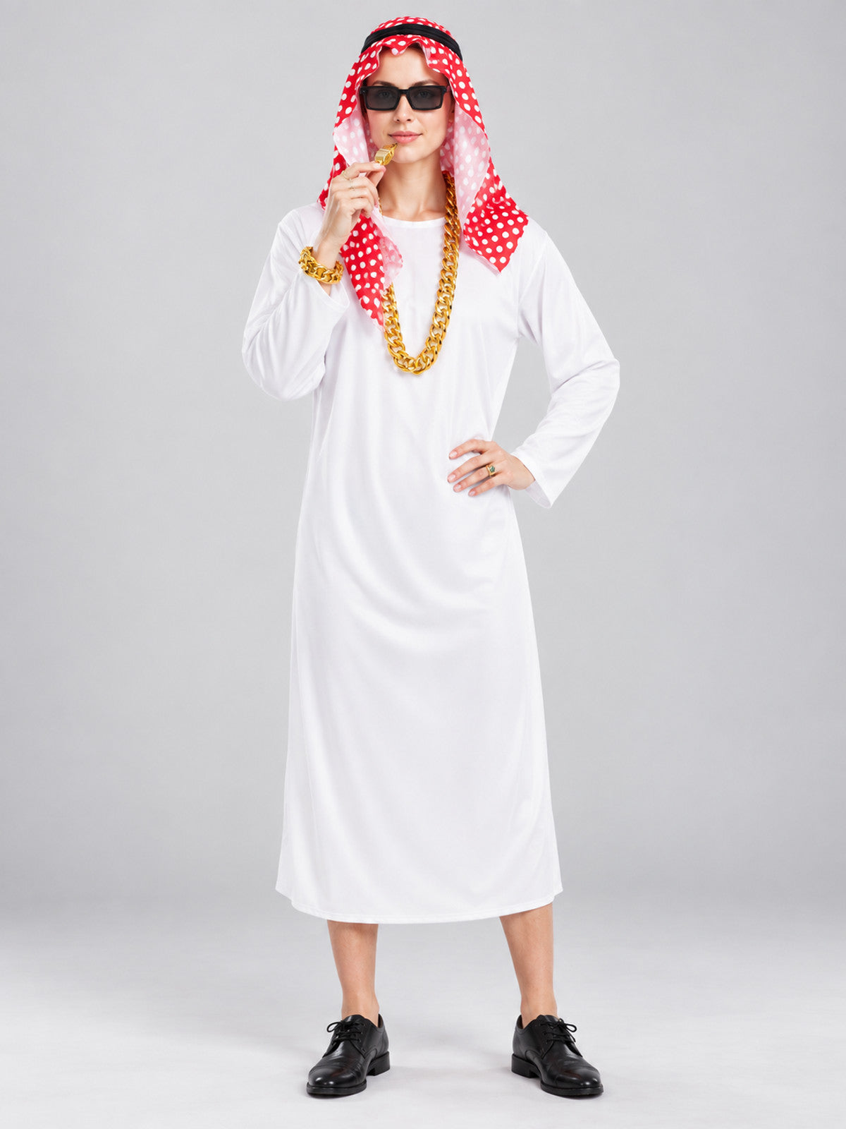 Arabian-themed carnival costume with a robe and headscarf on-model view