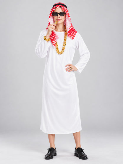 Arabian-themed carnival costume with a robe and headscarf on-model view