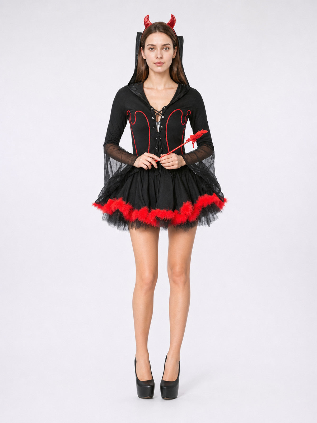 Vampire cosplay costume with lace-up detailing and a full skirt on-model view