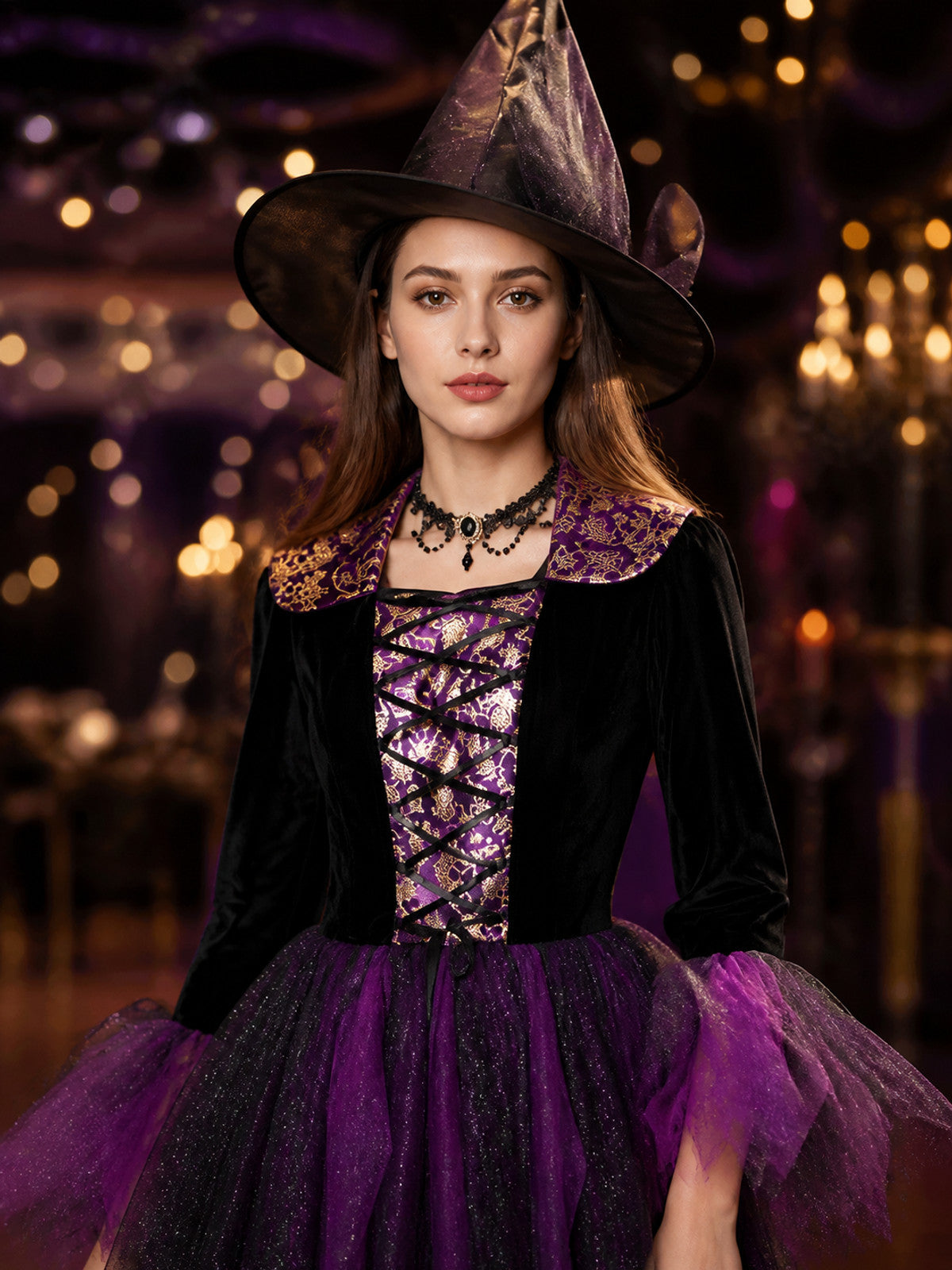 Adult and Kids Witch Costume Dress With Sparkling Purple-Black Fluffy Skirt on-model view