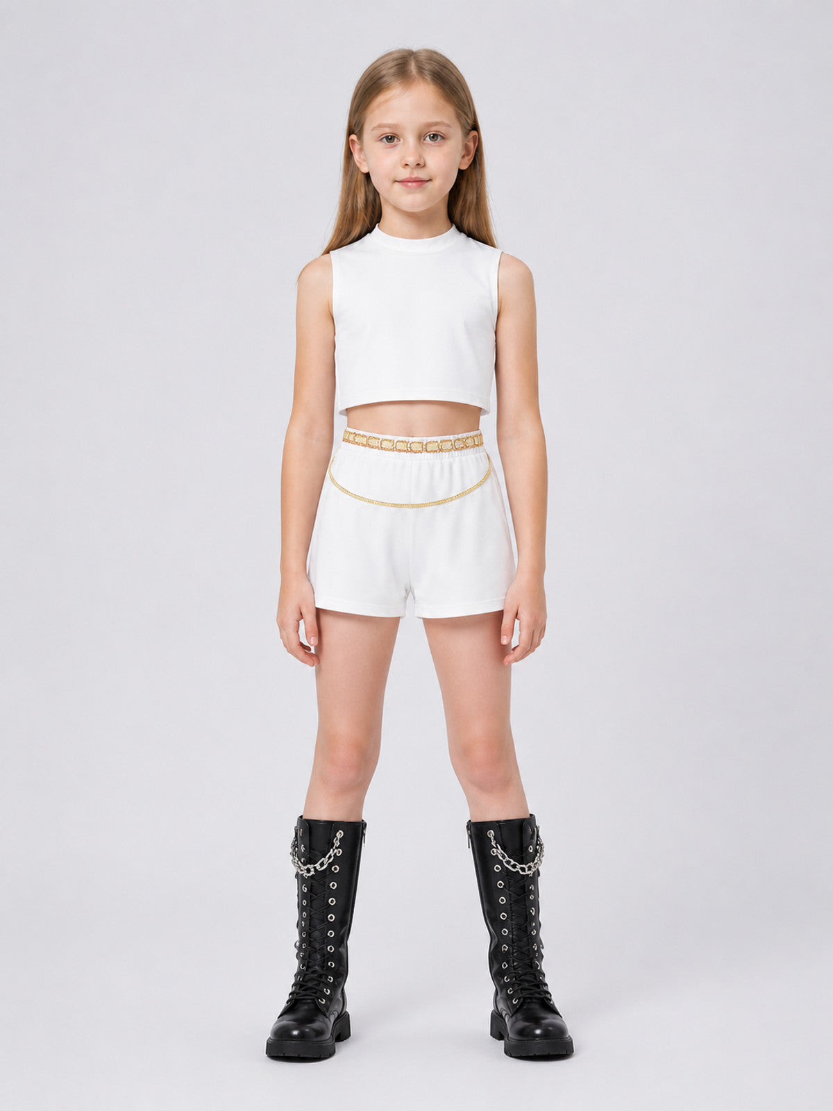 Children's Demon Hunter Costume: White Top and Shorts on-model view