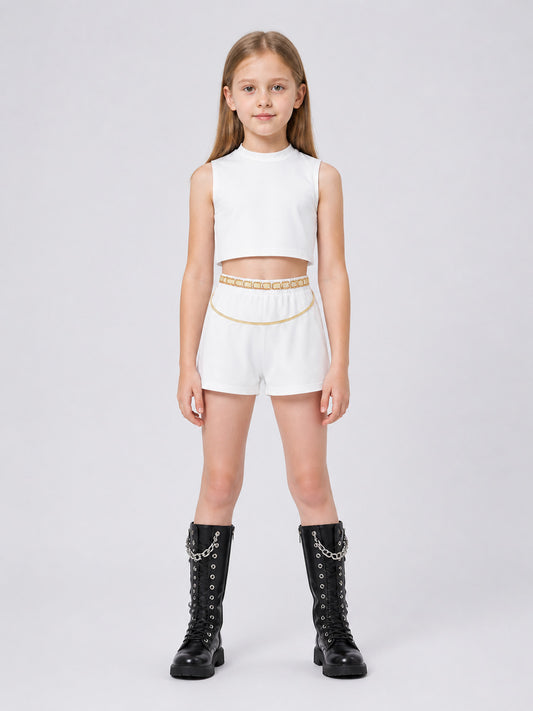 Children's Demon Hunter Costume: White Top and Shorts on-model view
