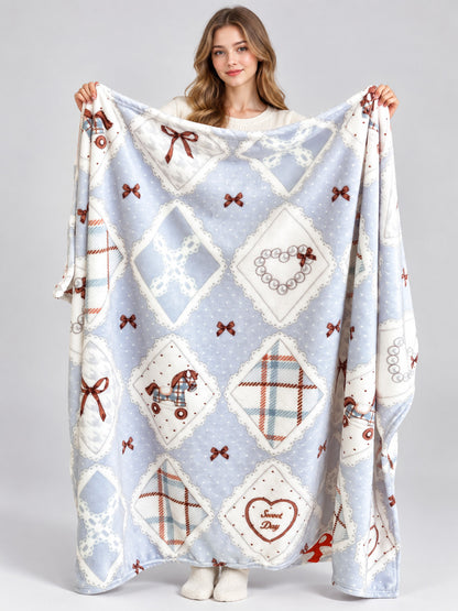 Reversible Blue Blanket with Horse and Bow Print