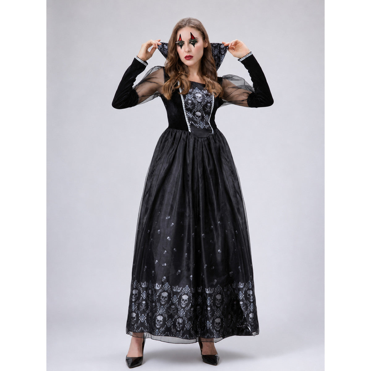 Gothic Dress with Sheer Sleeves and Skulls on-model view