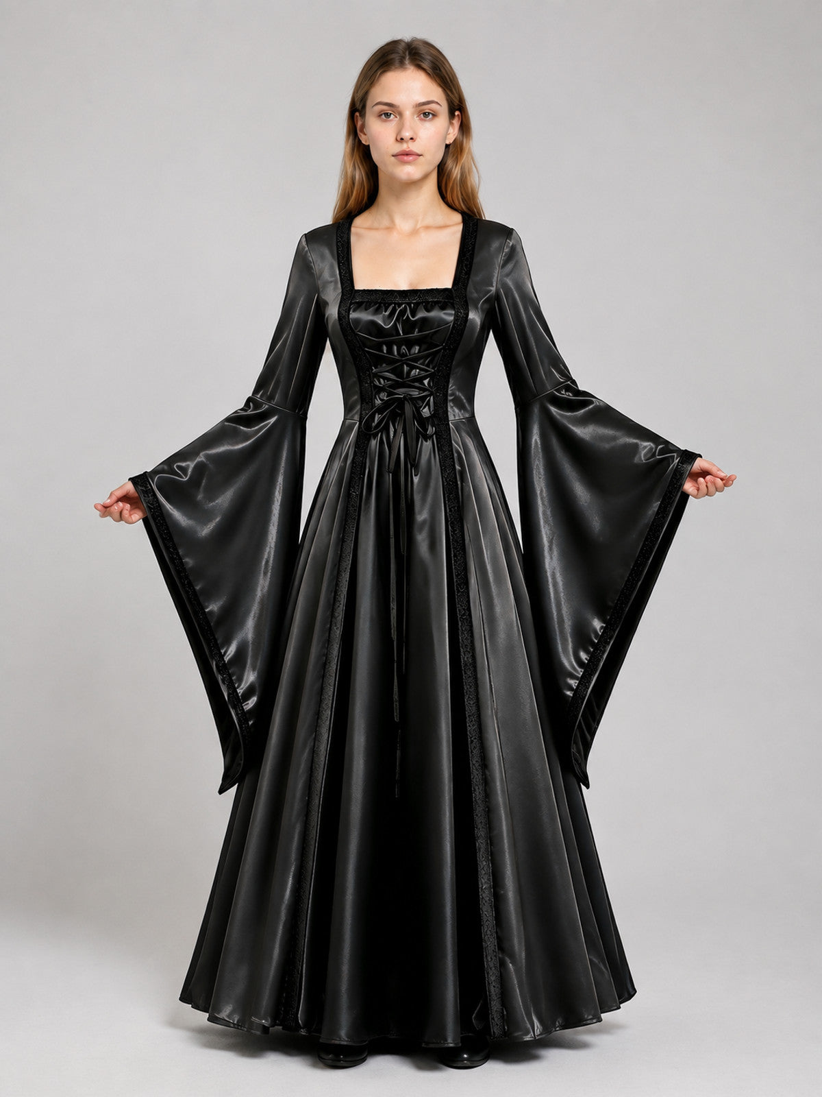 Long Black Costume Dress with Corset Bodice on-model view