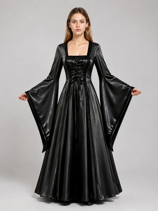 Long Black Costume Dress with Corset Bodice on-model view