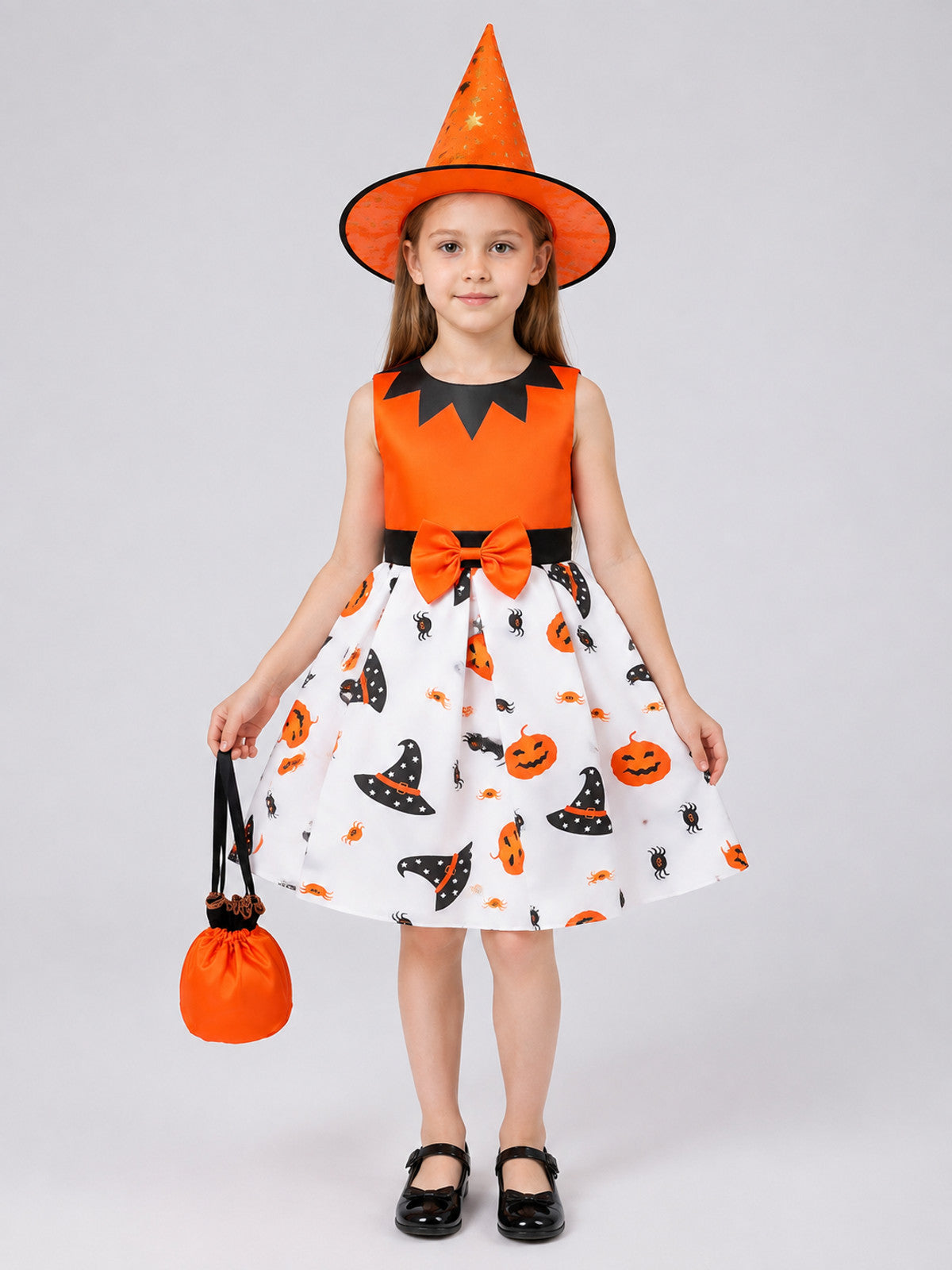 Children's Halloween Costume Dress with Bow and Hat on-model view