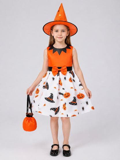Children's Halloween Costume Dress with Bow and Hat on-model view