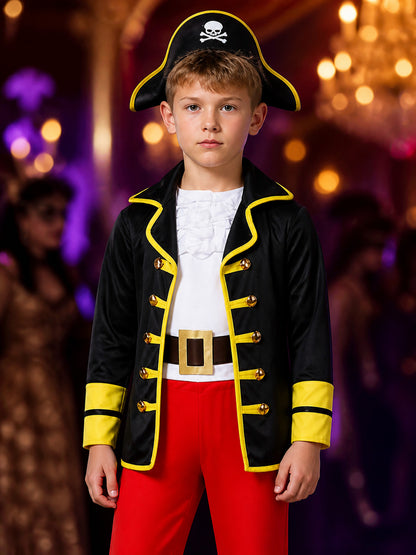 Kids Pirate Costume Set, Black and Red Jacket with Pants, Skull Print Halloween on-model view