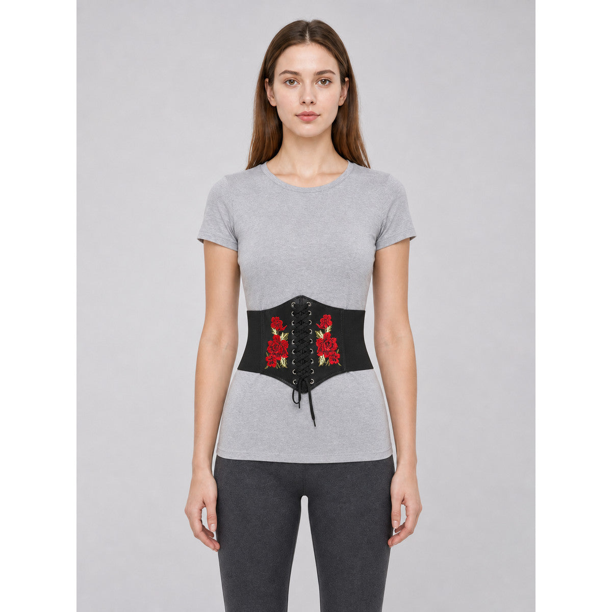 Decorative Black Belt with Floral Embroidery