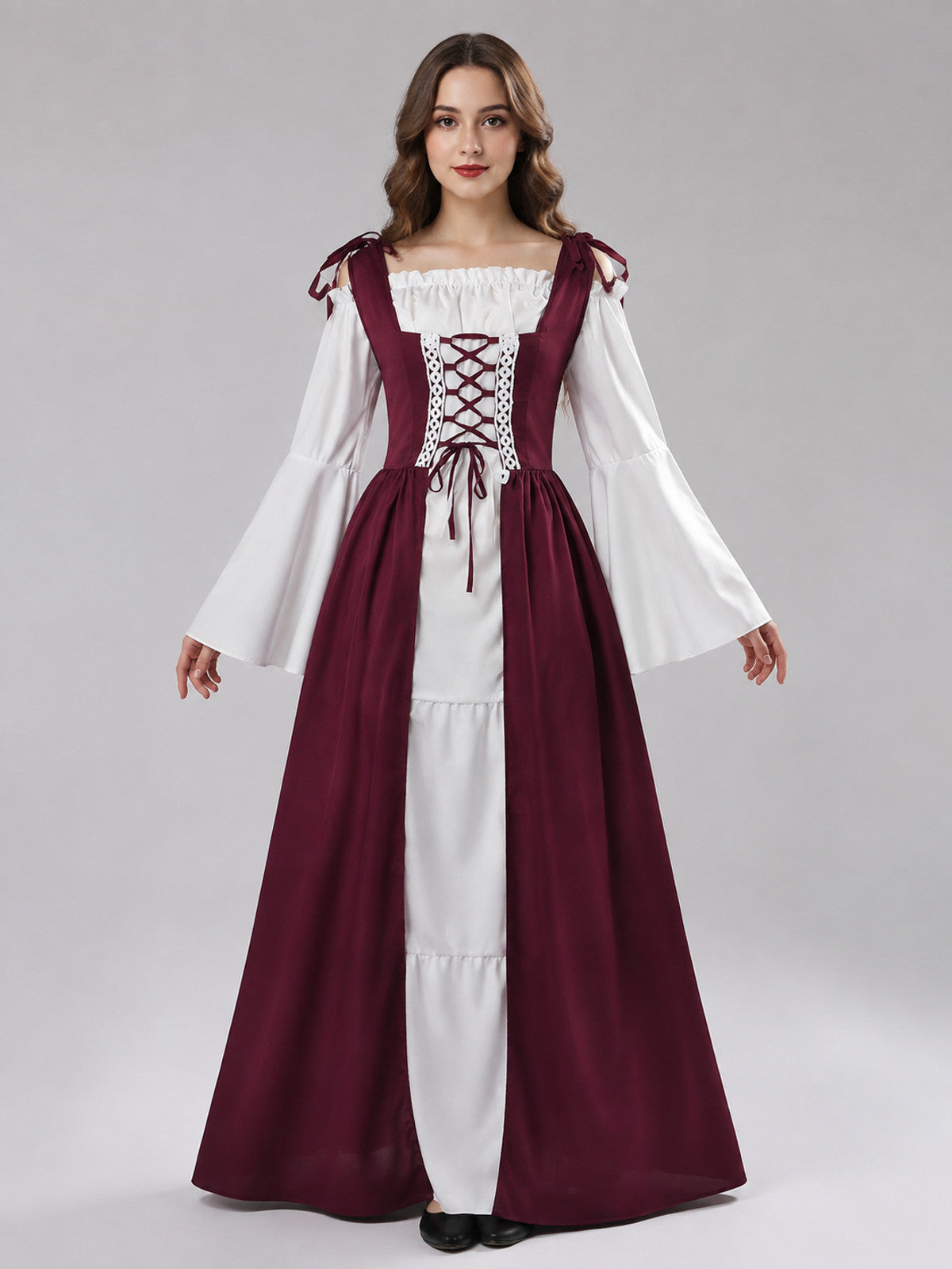 Burgundy Victorian-Style Dress with White Inserts on-model view