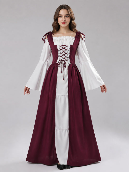 Burgundy Victorian-Style Dress with White Inserts on-model view