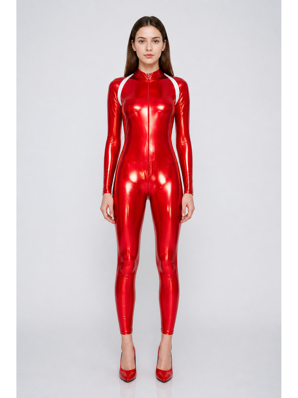 Red Jumpsuit with Zipper, Collar, and Sleeves main product view