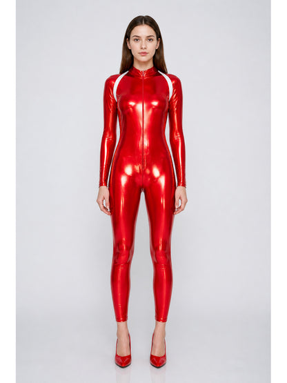 Red Jumpsuit with Zipper, Collar, and Sleeves main product view