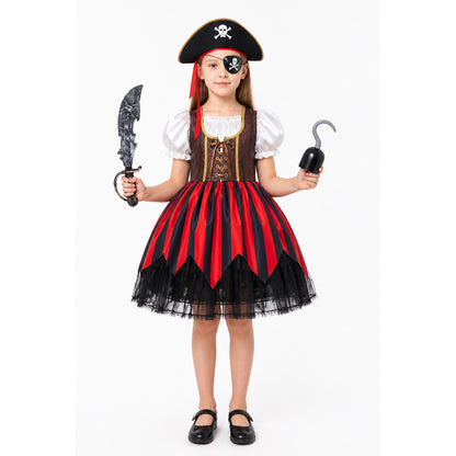 Pirate Costume with Red-and-Black Dress and Hat main product view