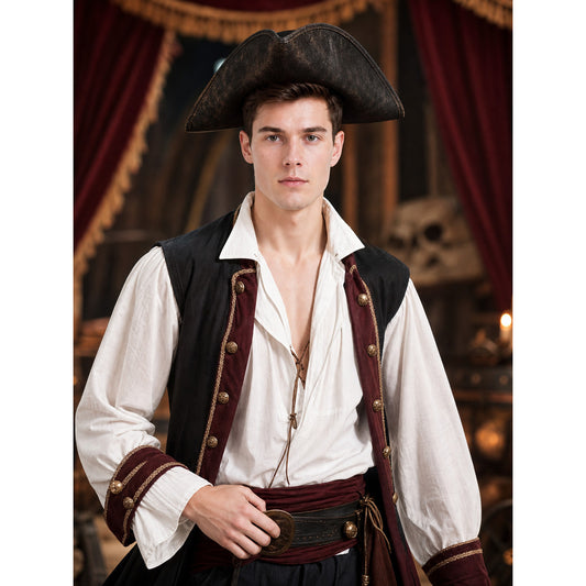 Pirate Tricorn Hat, Three-Cornered Costume Hat With Wide Curved Brim, Dark Gold Pattern And Stitched Edge For on-model view