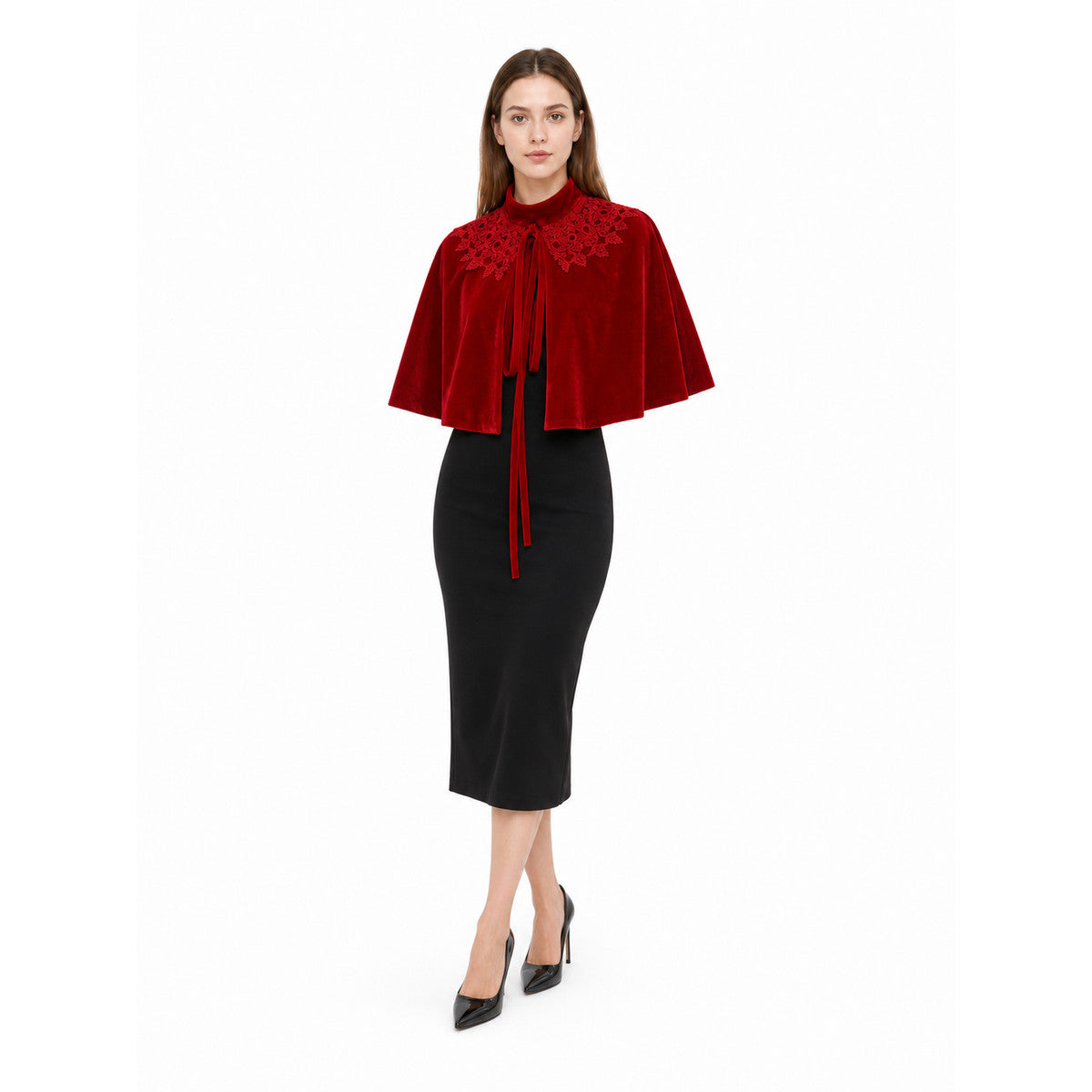 Red carnival cape with a high collar front view
