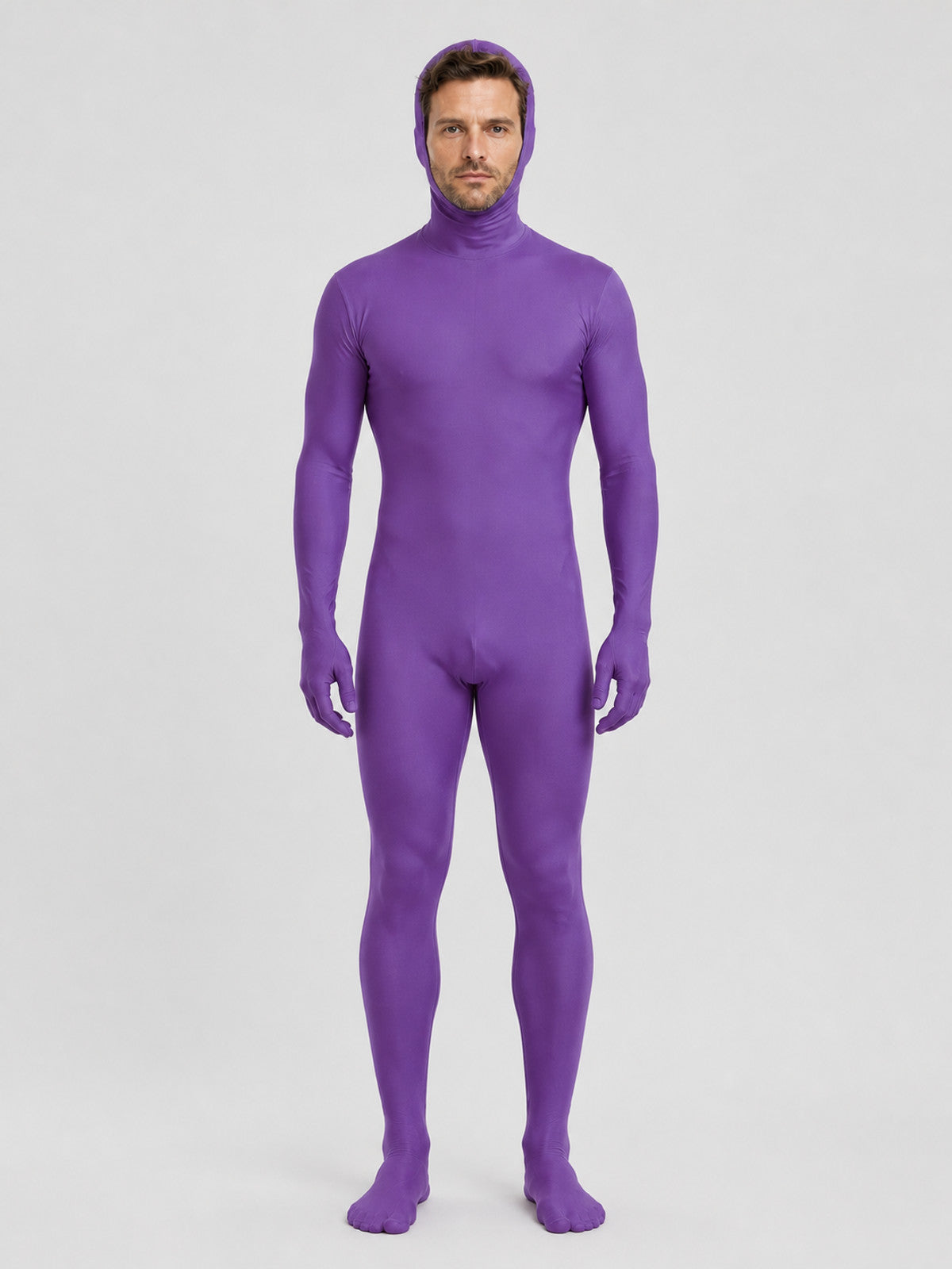 Purple Form-Fitting Bodysuit with Open Face on-model view
