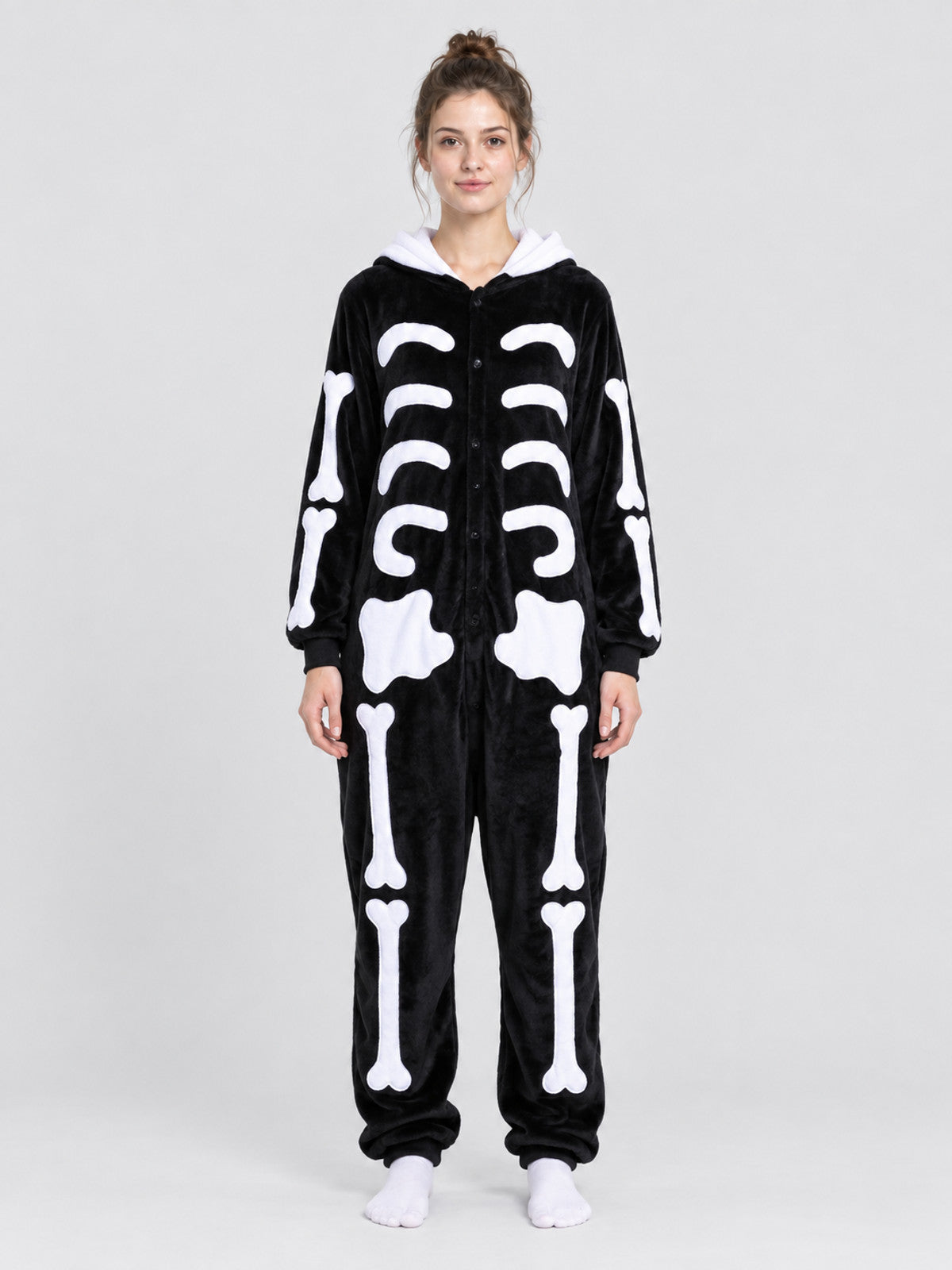 Black Hooded Pajama Jumpsuit with Bone Print