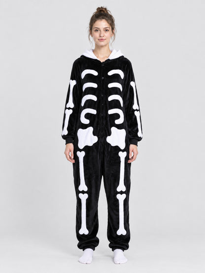 Black Hooded Pajama Jumpsuit with Bone Print