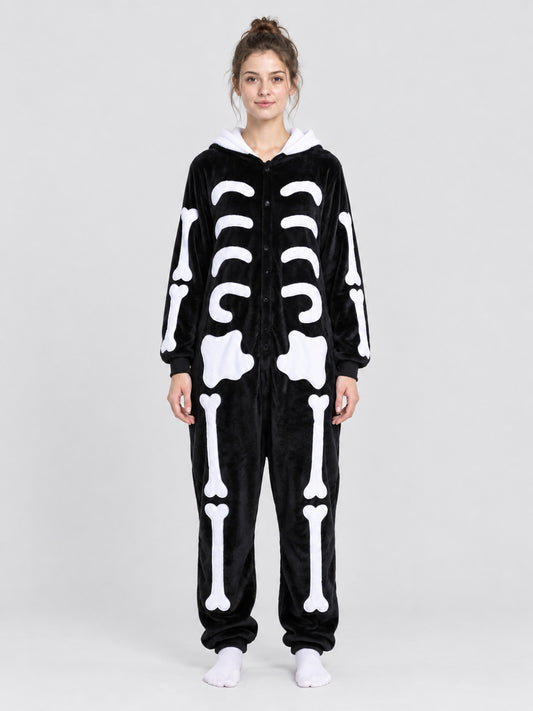 Black Hooded Pajama Jumpsuit with Bone Print