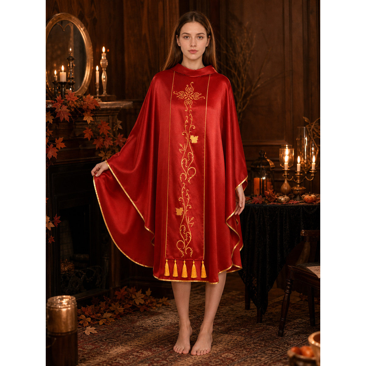 Medieval European Cosplay Vestment, Loose Sleeveless Poncho-Style Robe With Stand Collar, Gold Embroidery, Trim And Fringe For Stage Performance