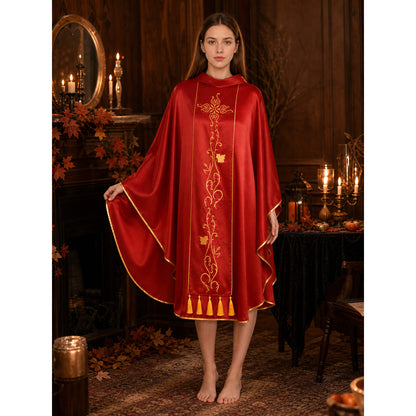 Medieval European Cosplay Vestment, Loose Sleeveless Poncho-Style Robe With Stand Collar, Gold Embroidery, Trim And Fringe For Stage Performance