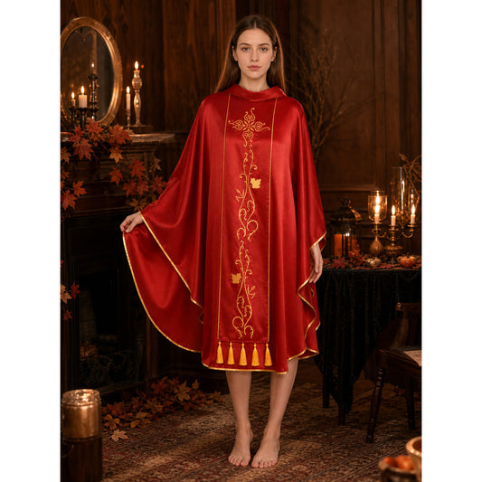 Medieval European Cosplay Vestment, Loose Sleeveless Poncho-Style Robe With Stand Collar, Gold Embroidery, Trim And Fringe For Stage Performance