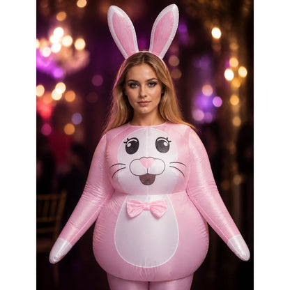 Adult Cartoon Rabbit Costume, Long Ear Bunny with Pink Bow Tie for Halloween on-model view