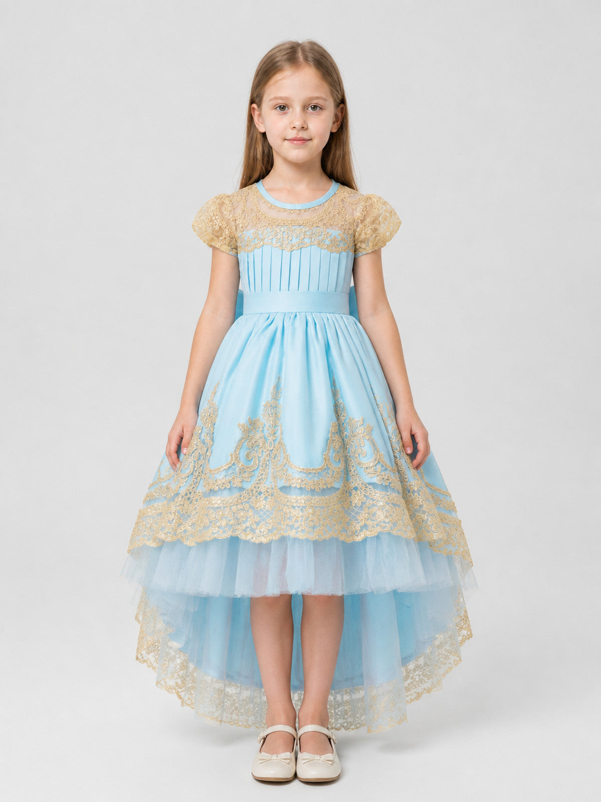 Blue Princess Dress with Gold Lace and Train on-model view