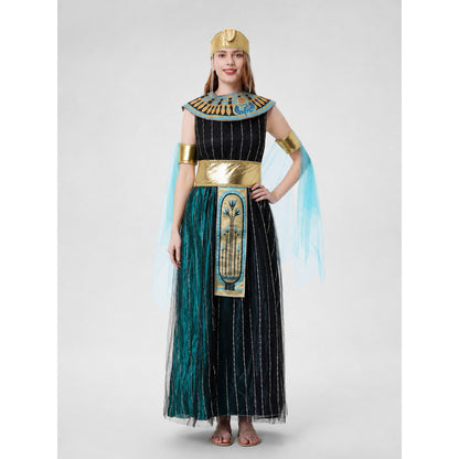 Cleopatra costume designed in an Egyptian-inspired style and decorated in a combination of black, gold, light blue, and blue-green colors. The outfit is centered around a black dress with a skirt and fitted upper section. Vertical sequin st