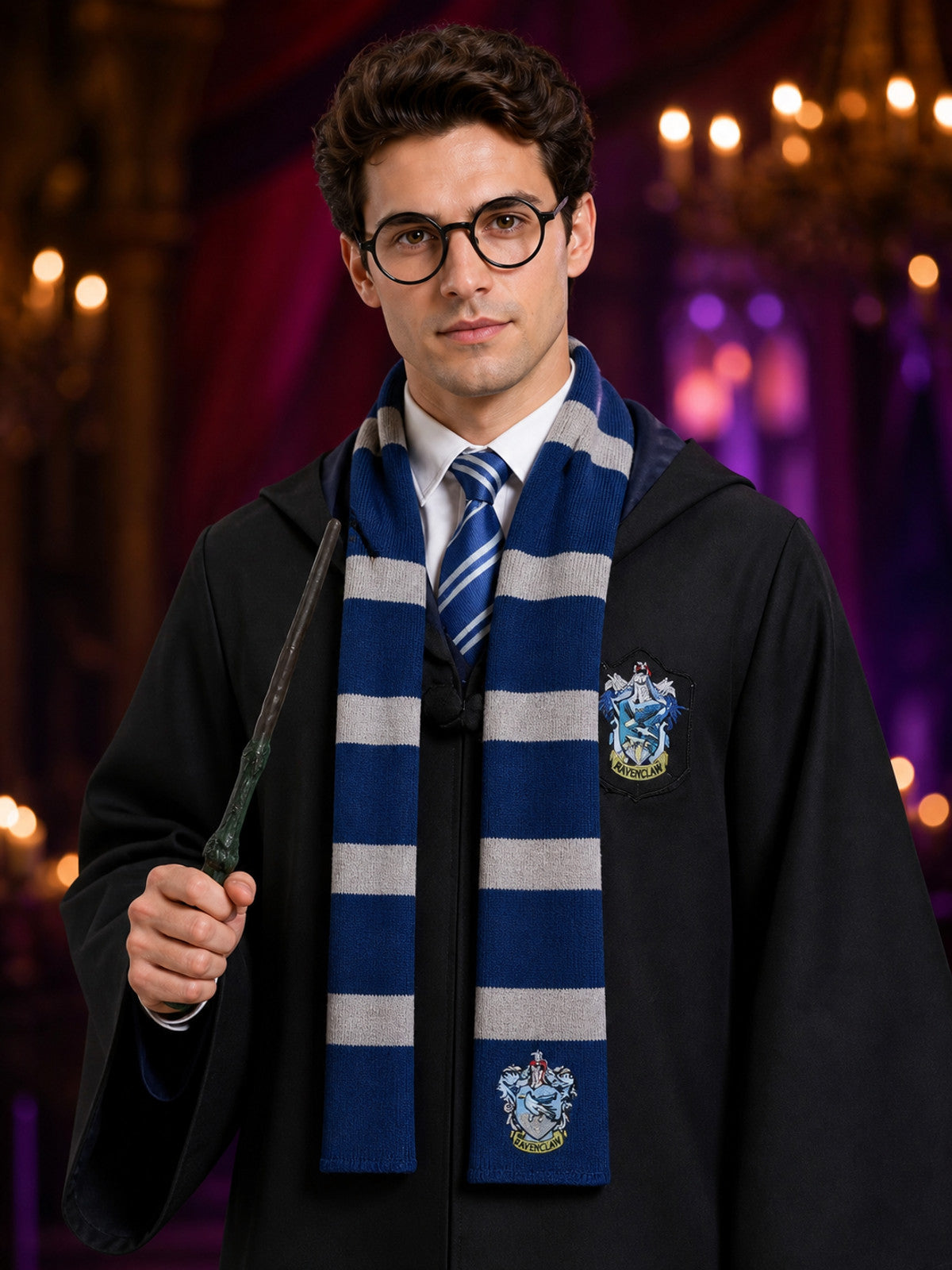 Ravenclaw Wizard Robe Costume Set with Tie, Scarf, Wand and Round Glasses on-model view