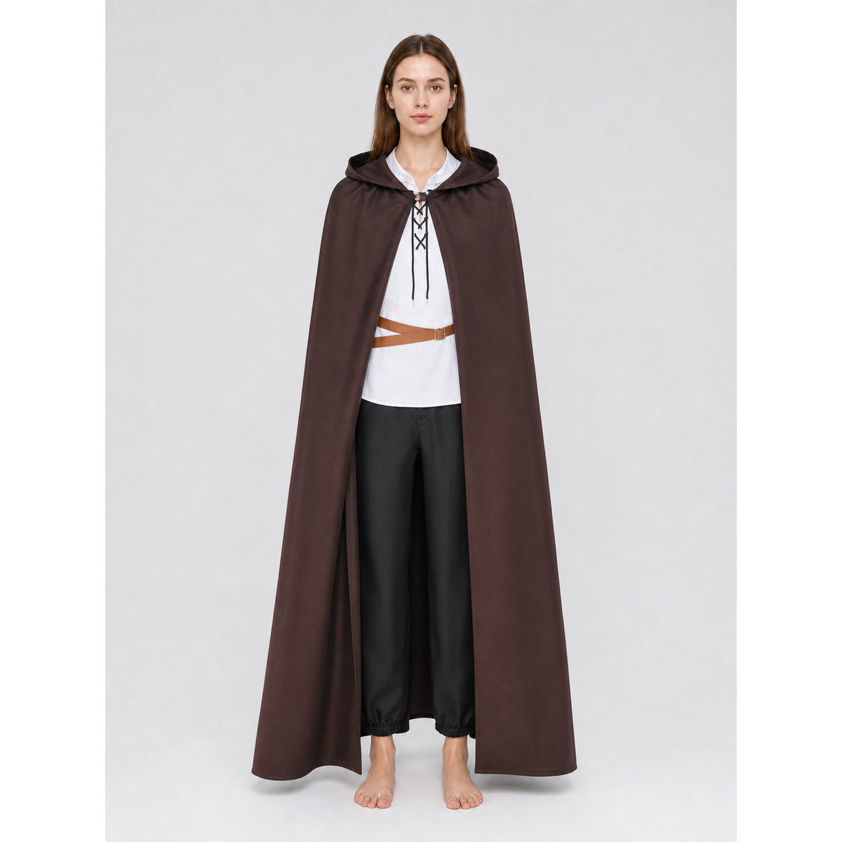 Halloween Medieval Knight Pirate Cosplay Hooded Cloak, Long Loose Cape With Pointed Hood And Front Cross Lacing