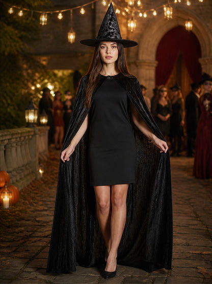 The Witch Hat and Cape Costume Set - Shiny Pointed Hat with Wide Brim, Long