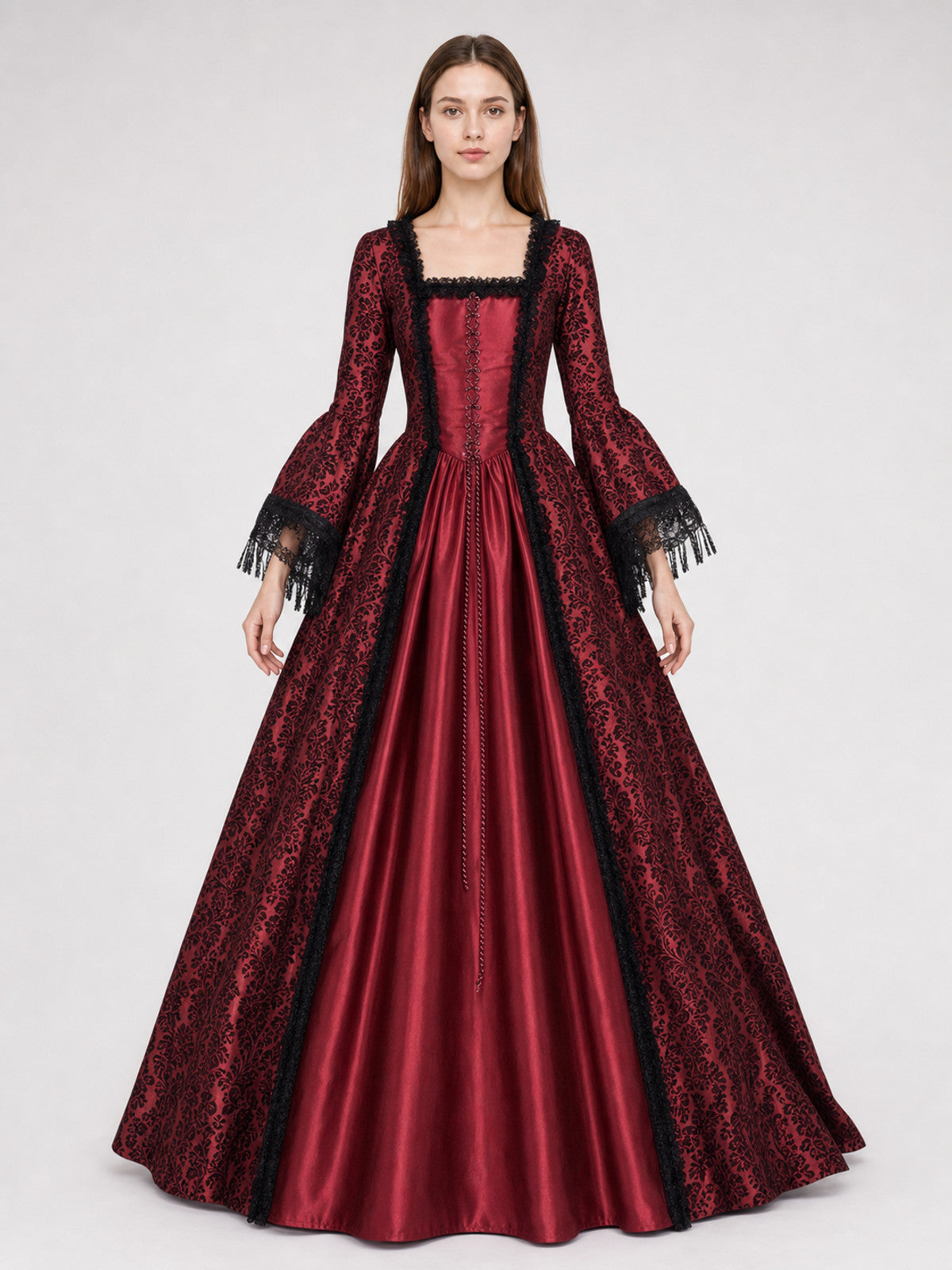Renaissance Dress with Lace Sleeves and Cords front view