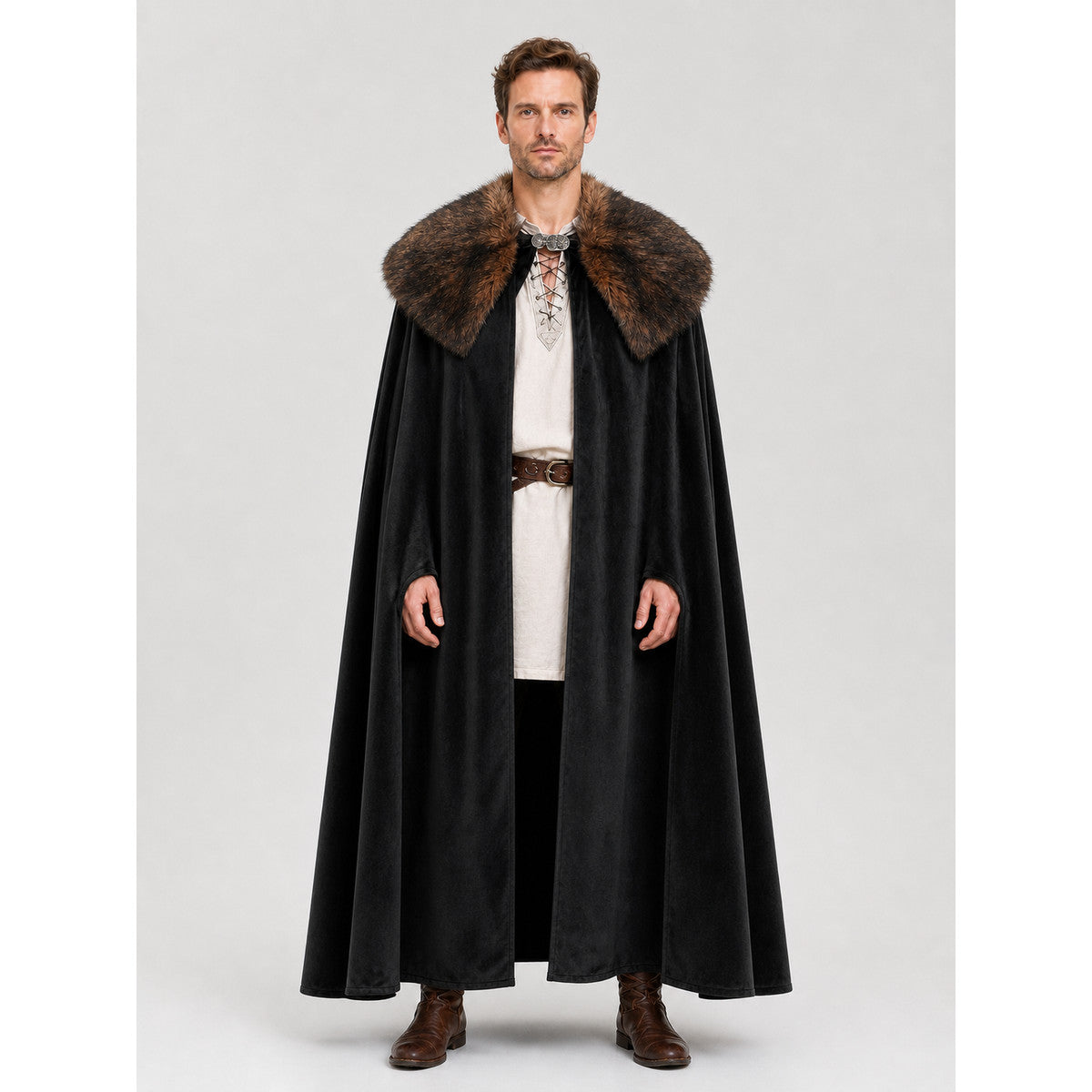 Black Adult Cape with Brown Fur Collar on-model view