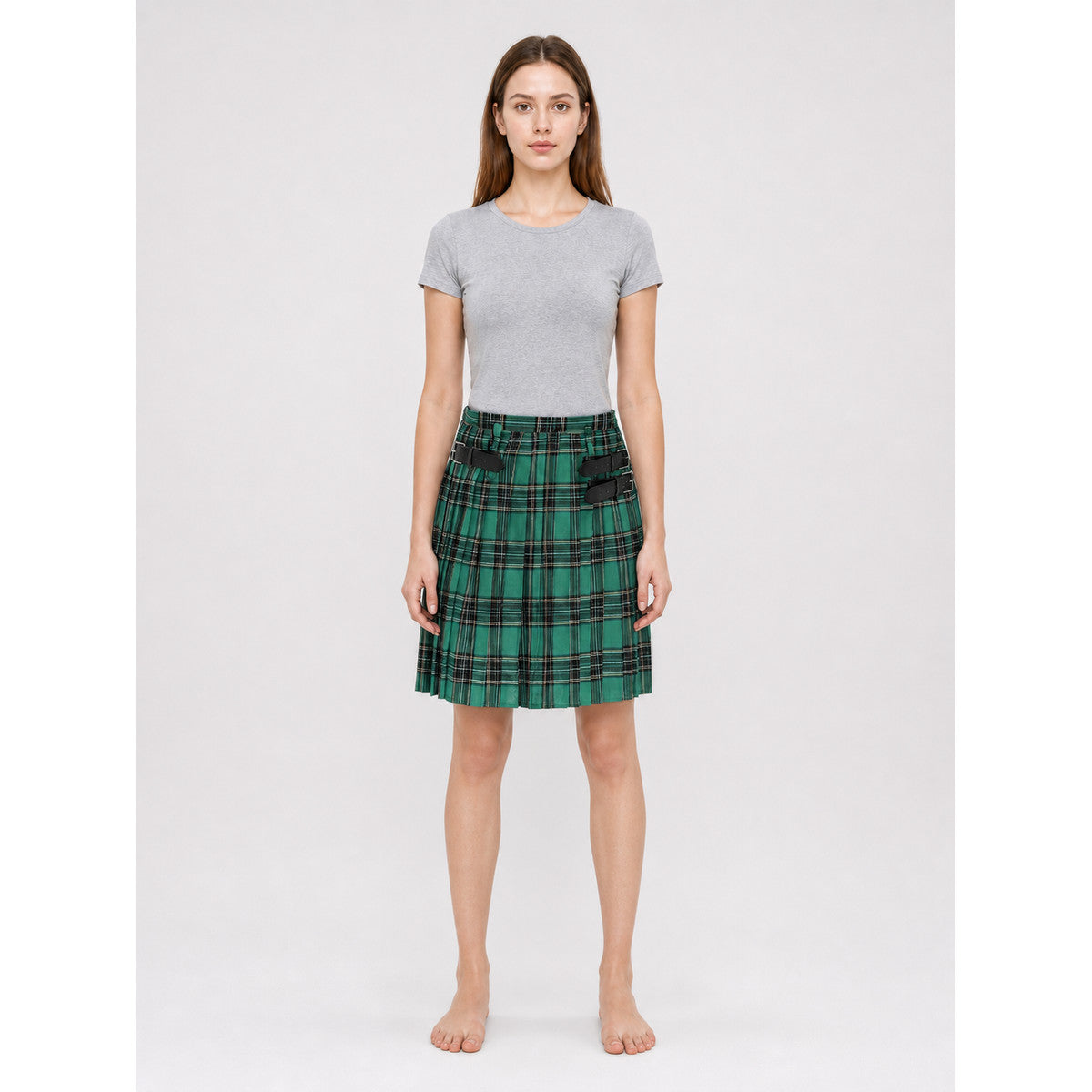 Green Plaid Pleated Skirt with Buckles