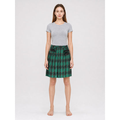 Green Plaid Pleated Skirt with Buckles