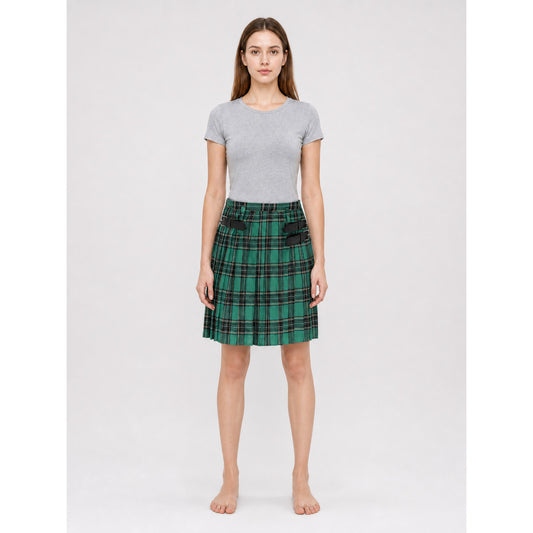 Green Plaid Pleated Skirt with Buckles