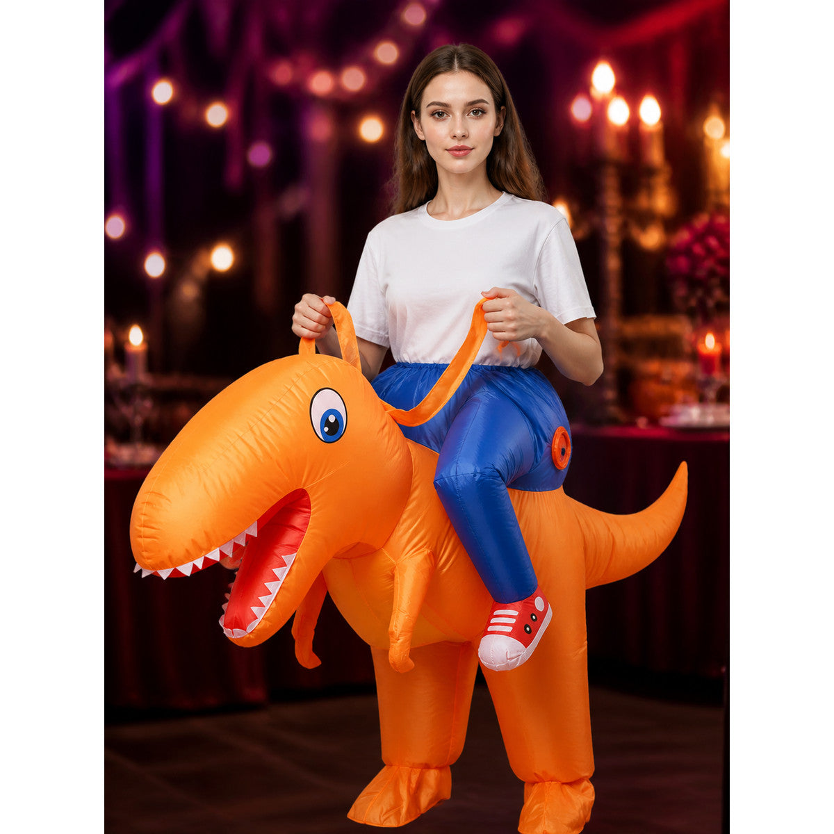 Ride-On Inflatable Dinosaur Costume, Orange Cartoon Halloween Outfit on-model view