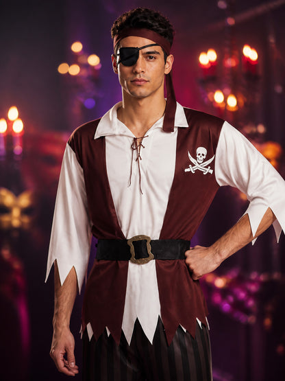 Adult Pirate Costume Set with Shirt, Pants, Headscarf, Belt and Eyepatch on-model view