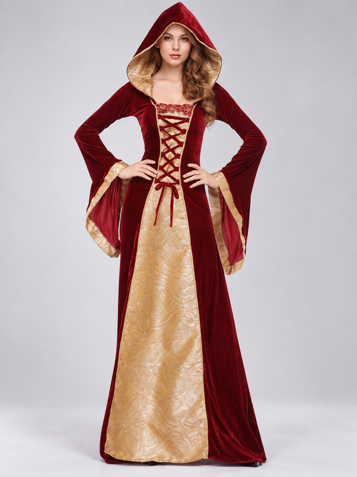 Burgundy Carnival Costume with Hood and Lacing