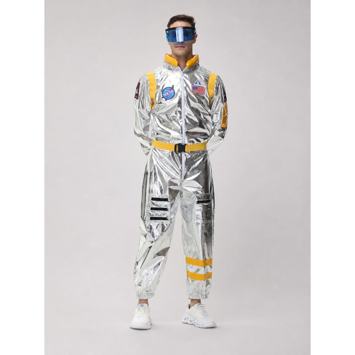 Space jumpsuit with visor, patches, and belt